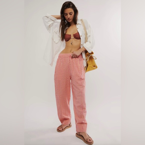 Free People Preppy Poplin Gingham Pants Small Pink Yellow - Picture 1 of 14